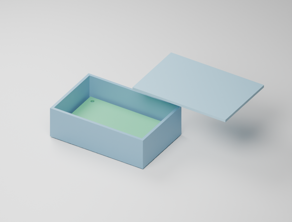 Digital render showing a control enclosure base, internal board reference and detached lid