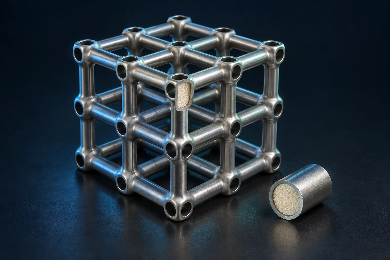 Concept illustration of an open metal lattice with a cutaway tube revealing a foam core.
